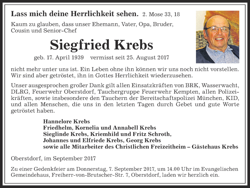  Traueranzeige für Siegfried Krebs vom 05.09.2017 aus Allgäuer Anzeigeblatt