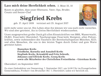 Traueranzeige von Siegfried Krebs von Allgäuer Anzeigeblatt