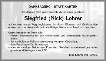Traueranzeige von Siegfried Lohrer von Allgäuer Zeitung,Kempten