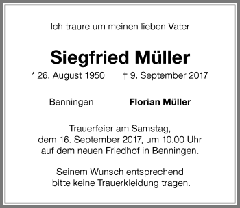Traueranzeige von Siegfried Müller von Memminger Zeitung