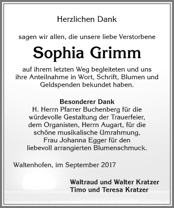 Traueranzeige von Sophia Grimm von Allgäuer Zeitung,Kempten
