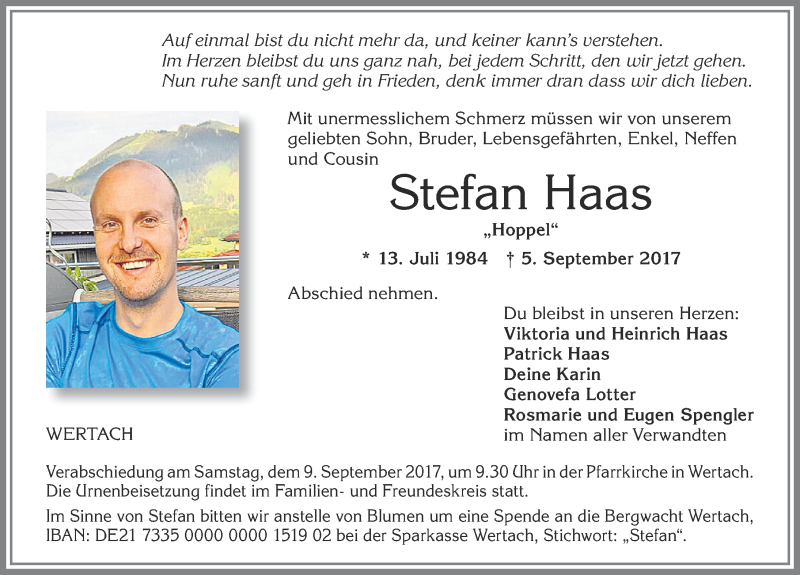  Traueranzeige für Stefan Haas vom 07.09.2017 aus Allgäuer Zeitung, Gesamtausgabe