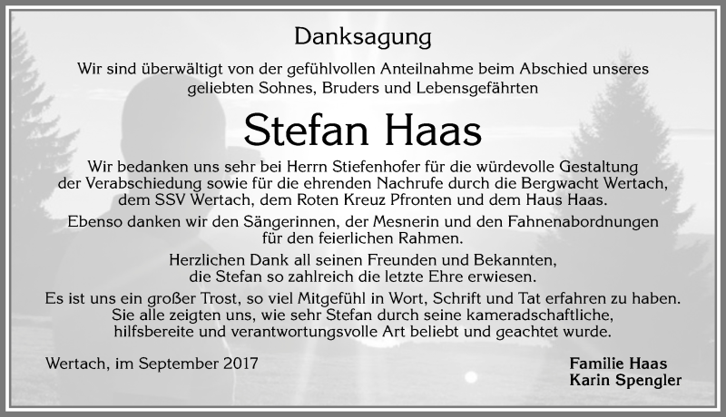  Traueranzeige für Stefan Haas vom 22.09.2017 aus Allgäuer Zeitung, Gesamtausgabe