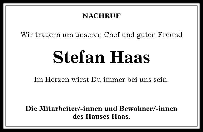  Traueranzeige für Stefan Haas vom 08.09.2017 aus Allgäuer Zeitung