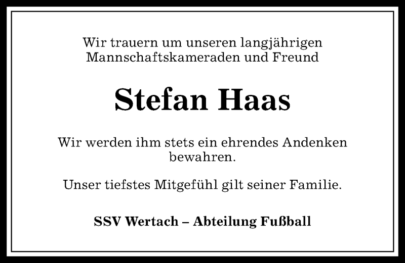  Traueranzeige für Stefan Haas vom 08.09.2017 aus Allgäuer Anzeigeblatt