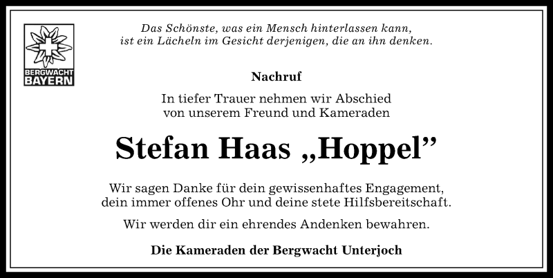  Traueranzeige für Stefan Haas vom 08.09.2017 aus Allgäuer Anzeigeblatt