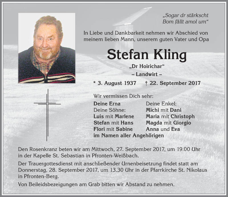  Traueranzeige für Stefan Kling vom 25.09.2017 aus Allgäuer Zeitung, Füssen