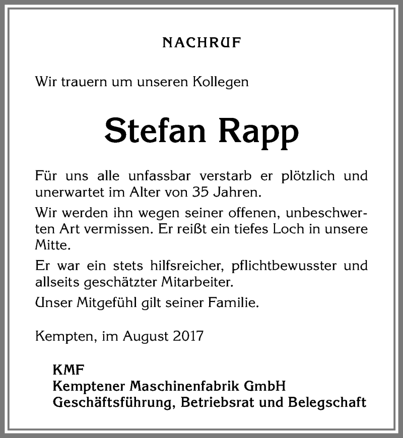  Traueranzeige für Stefan Rapp vom 02.09.2017 aus Allgäuer Zeitung,Kempten