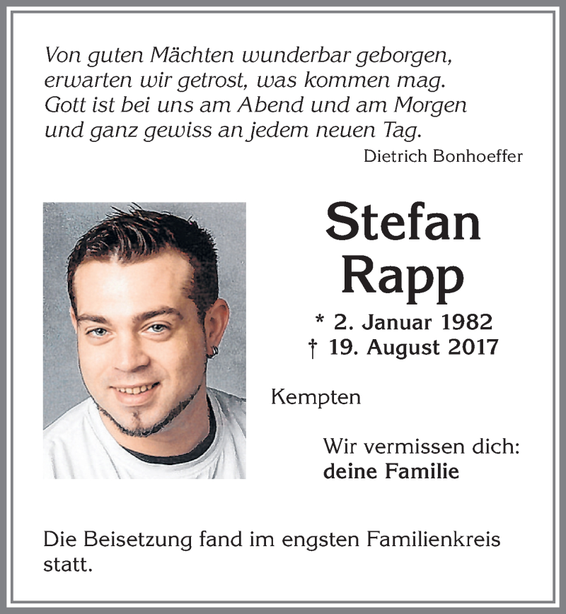  Traueranzeige für Stefan Rapp vom 02.09.2017 aus Allgäuer Zeitung,Kempten