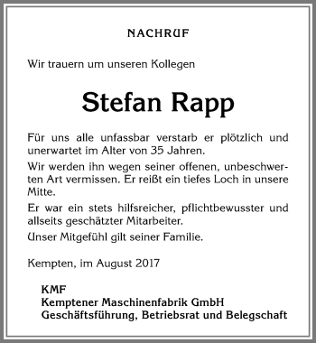 Traueranzeige von Stefan Rapp von Allgäuer Zeitung,Kempten
