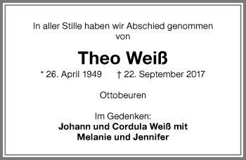 Traueranzeige von Theo Weiß von Memminger Zeitung
