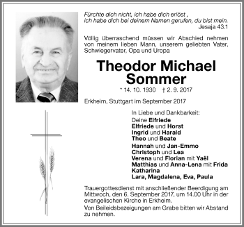 Traueranzeige von Theodor Michael Sommer von Memminger Zeitung