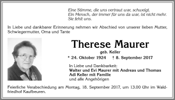 Traueranzeige von Therese Maurer von Allgäuer Zeitung, Kaufbeuren/Buchloe