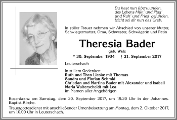 Traueranzeige von Theresia Bader von Allgäuer Zeitung, Marktoberdorf