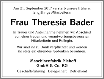 Traueranzeige von Theresia Bader von Allgäuer Zeitung, Marktoberdorf