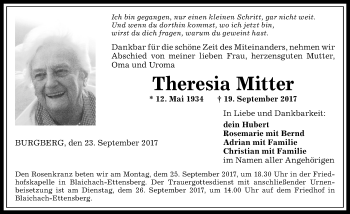 Traueranzeige von Theresia Mitter von Allgäuer Anzeigeblatt