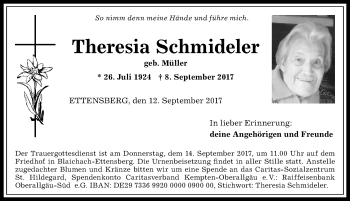 Traueranzeige von Theresia Schmideler von Allgäuer Anzeigeblatt