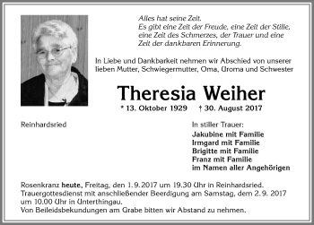 Traueranzeige von Theresia Weiher von Allgäuer Zeitung, Marktoberdorf