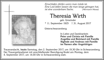 Traueranzeige von Theresia Wirth von Allgäuer Zeitung,Kempten