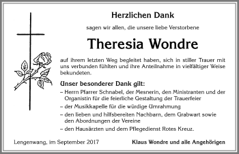 Traueranzeige von Theresia Wondre von Allgäuer Zeitung, Marktoberdorf