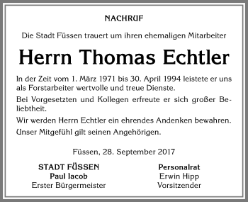 Traueranzeige von Thomas Echtler von Allgäuer Zeitung, Füssen
