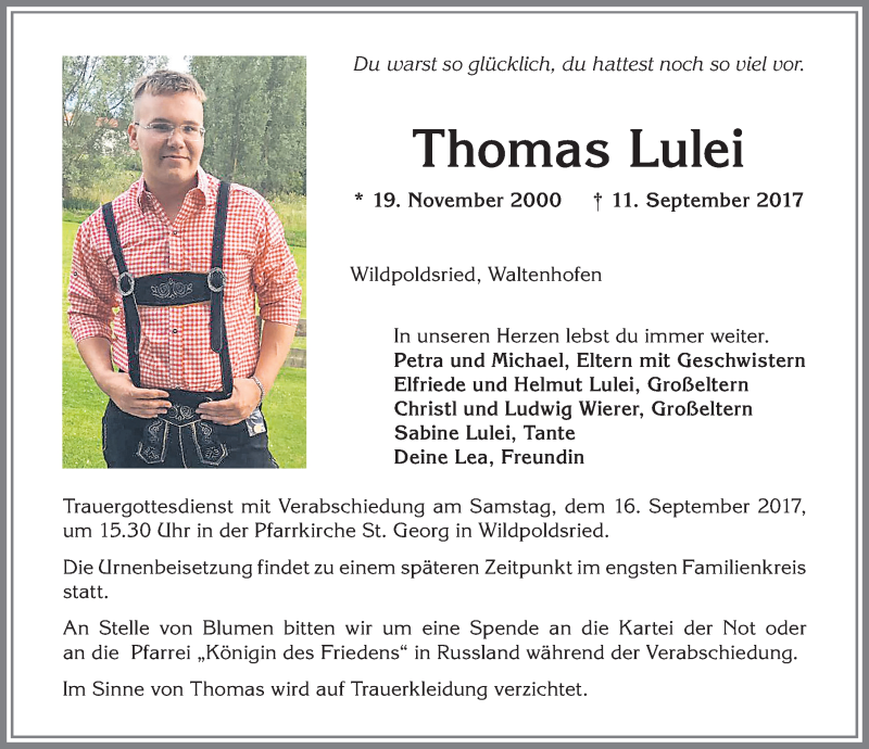  Traueranzeige für Thomas Lulei vom 14.09.2017 aus Allgäuer Zeitung,Kempten