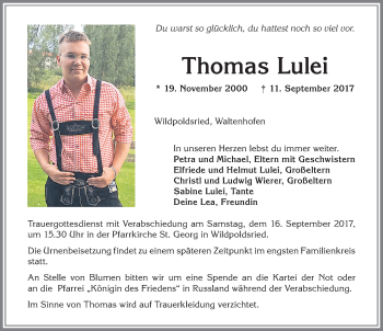 Traueranzeige von Thomas Lulei von Allgäuer Zeitung,Kempten