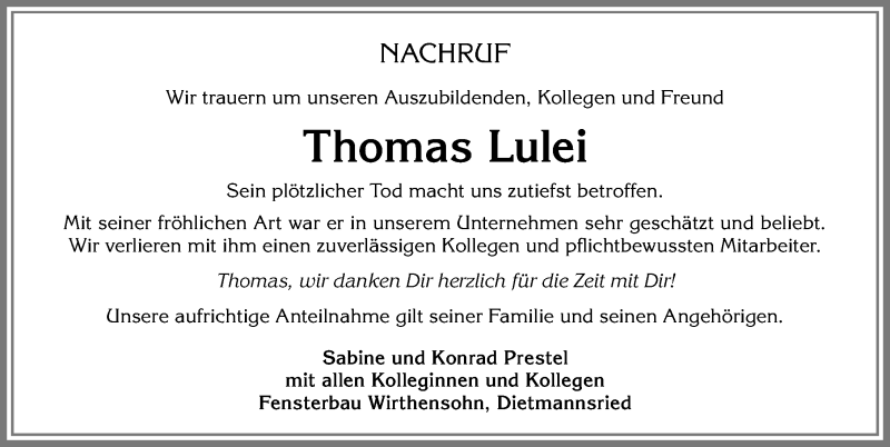  Traueranzeige für Thomas Lulei vom 15.09.2017 aus Allgäuer Zeitung,Kempten