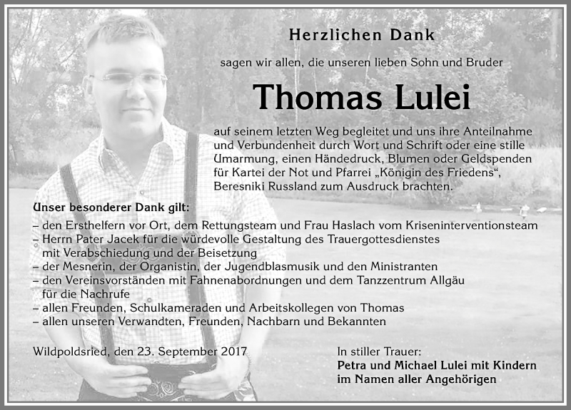  Traueranzeige für Thomas Lulei vom 23.09.2017 aus Allgäuer Zeitung,Kempten