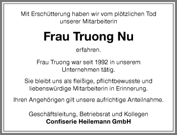 Traueranzeige von Truong Nu von Memminger Zeitung