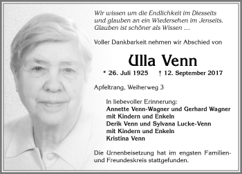 Traueranzeige von Ulla Venn von Allgäuer Zeitung, Kaufbeuren/Buchloe