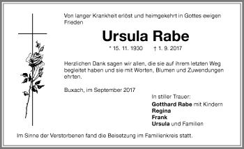 Traueranzeige von Ursula Rabe von Memminger Zeitung