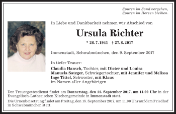 Traueranzeige von Ursula Richter von Allgäuer Anzeigeblatt