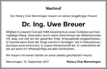 Traueranzeige von Uwe Breuer von Memminger Zeitung