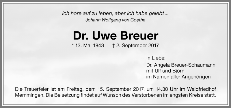  Traueranzeige für Uwe Breuer vom 09.09.2017 aus Memminger Zeitung