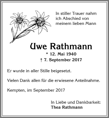 Traueranzeige von Uwe Rathmann von Allgäuer Zeitung,Kempten