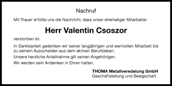 Traueranzeige von Valentin Csoszor von Memminger Zeitung
