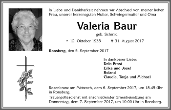 Traueranzeige von Valeria Baur von Allgäuer Zeitung, Marktoberdorf