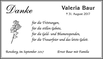 Traueranzeige von Valeria Baur von Allgäuer Zeitung, Marktoberdorf