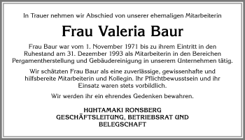 Traueranzeige von Valeria Baur von Allgäuer Zeitung