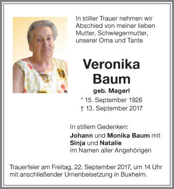 Traueranzeige von Veronika Baum von Memminger Zeitung