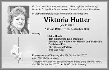 Traueranzeige von Viktoria Hutter von Allgäuer Zeitung, Marktoberdorf