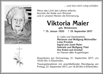 Traueranzeige von Viktoria Maier von Allgäuer Zeitung, Marktoberdorf