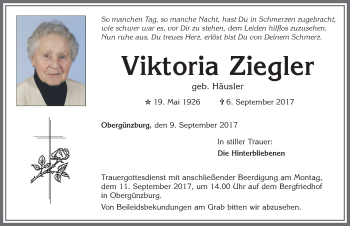 Traueranzeige von Viktoria Ziegler von Allgäuer Zeitung, Marktoberdorf
