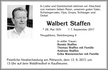 Traueranzeige von Walbert Staffen von Allgäuer Zeitung, Kaufbeuren/Buchloe