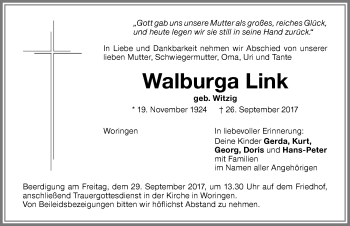 Traueranzeige von Walburga Link von Memminger Zeitung