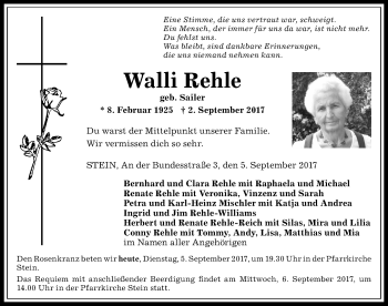 Traueranzeige von Walli Rehle von Allgäuer Anzeigeblatt