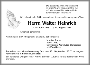 Traueranzeige von Walter Heinrich von Memminger Zeitung