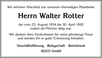 Traueranzeige von Walter Rotter von Allgäuer Zeitung, Marktoberdorf