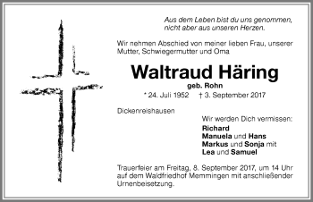 Traueranzeige von Waltraud Häring von Memminger Zeitung
